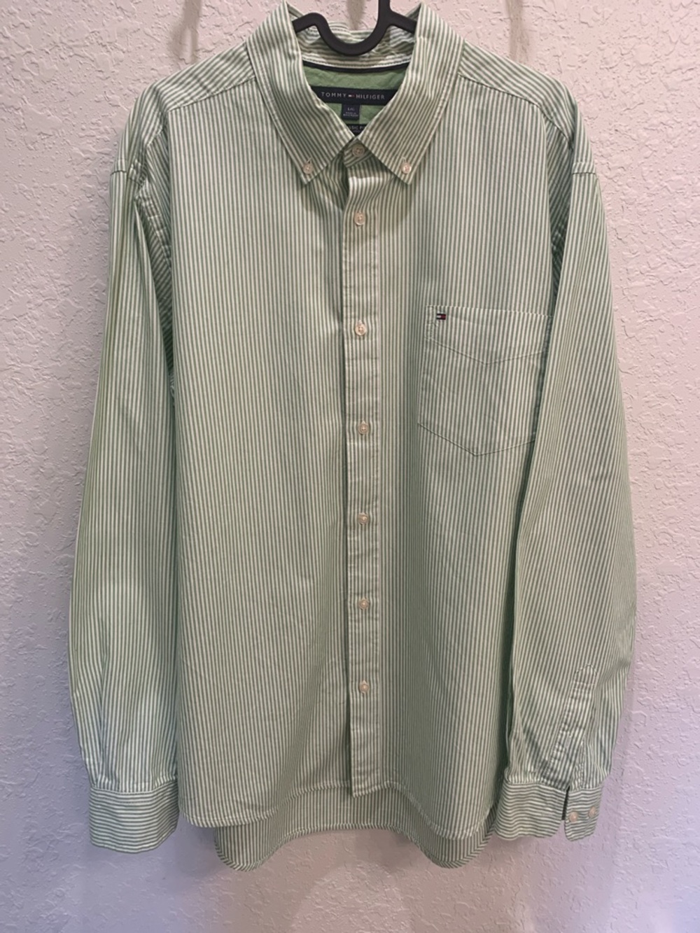 Tommy Hilfiger Light Green and White Striped Button-Down Shirt